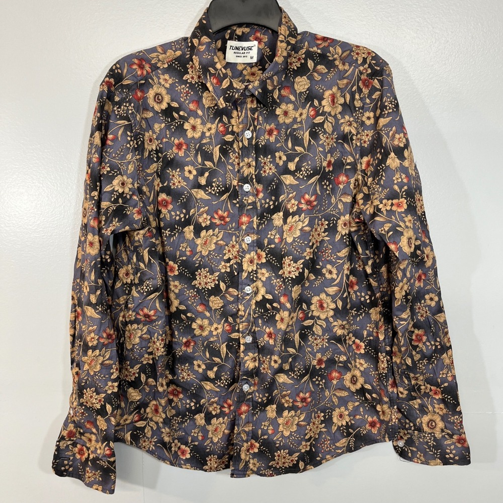 TUNEVUSE Mens Floral Button Down Shirt Long Sleeve Cotton Regular Fit Blue M